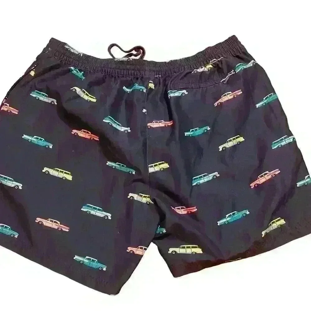 Caribbean Swimwear Swim Trunks Mens Size XXL 2XL Blue Classic Car Allover Print